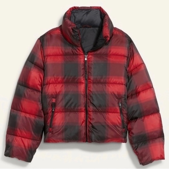 NWOT Old navy crop puffer jacket size xl red plaid water resistant full zip - Picture 3 of 6